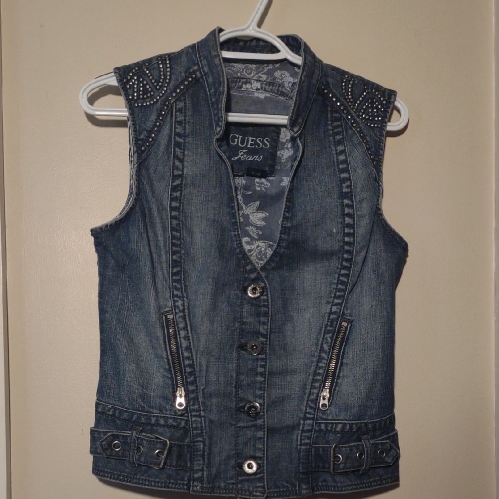 Guess Blue Denim‎ Vest Women Large with Silver Studs Buckle Accents